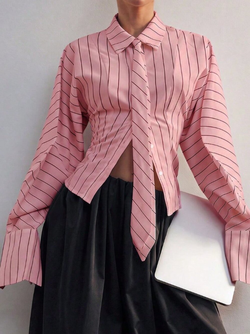 Pink Casual Women's Elegant Classic Striped Button Rib-Knit Bishop Sleeve Shirt